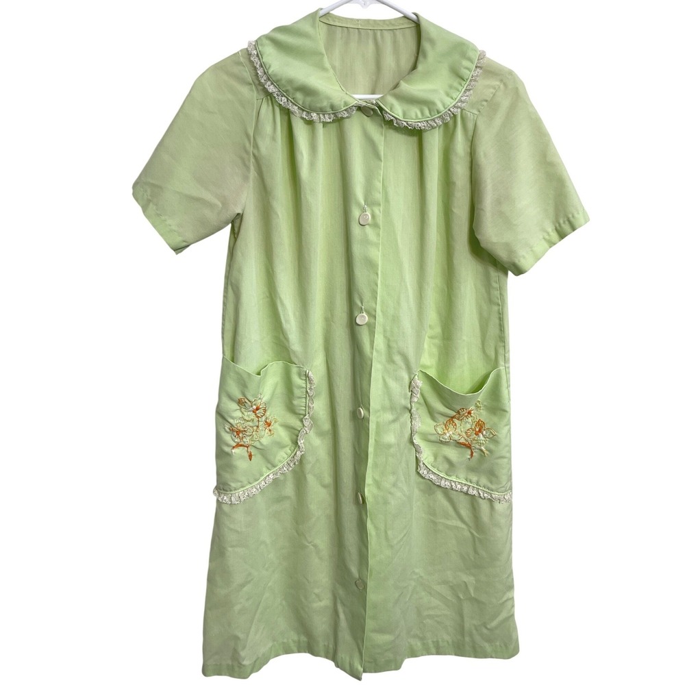 Vintage 50s Green House Dress Housecoat Embroidered Pockets Cottagecore
